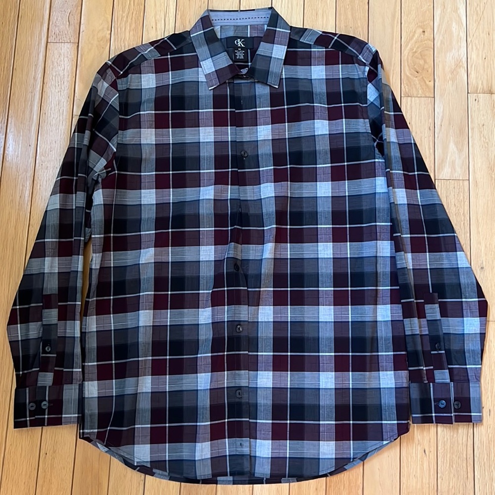 Calvin Klein Dress Shirt Maroon and Grey plaid